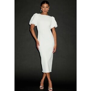 Lulus Simply Beloved White Puff Sleeve Bodycon Midi Dress Large